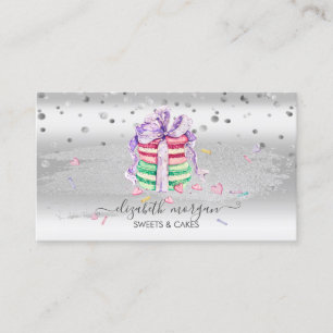 Tarjeta De Visita Confeti plateado elegante, pincelada, macarons