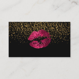 Tarjeta De Visita Confetti de oro y labios rosados calientes