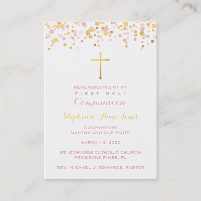 Tarjeta De Visita Confetti de oro y rosado de la comunión (Anverso)