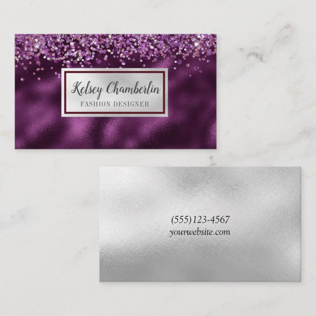 Tarjeta De Visita Confetti elegante de ciruela y plata (Anverso / Reverso)