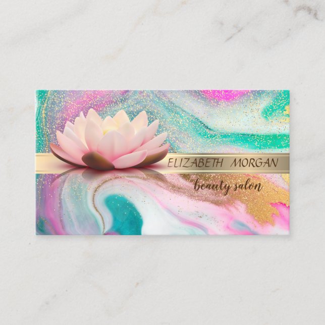 Tarjeta De Visita Confetti elegante de raya de oro, Lotus, mármol (Anverso)