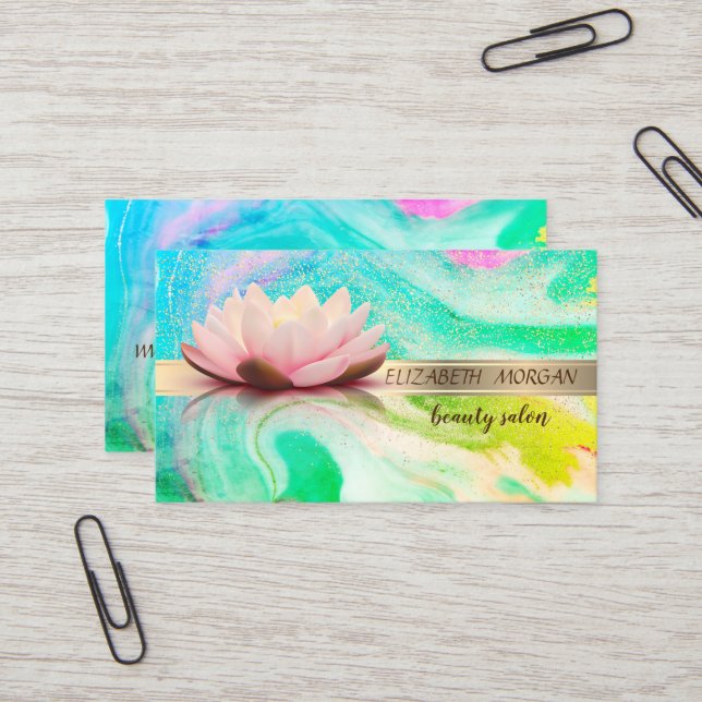 Tarjeta De Visita Confetti elegante de rayas de oro, Lotus, mármol v (Anverso/Reverso In Situ)
