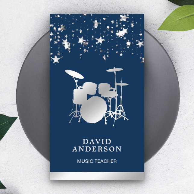 Tarjeta De Visita Confetti Music Teacher Silver Drum Kit Drummer (Subido por el creador)