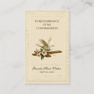 Tarjeta De Visita Confirmación de recuerdo Oro Dove Cross Lily Lace