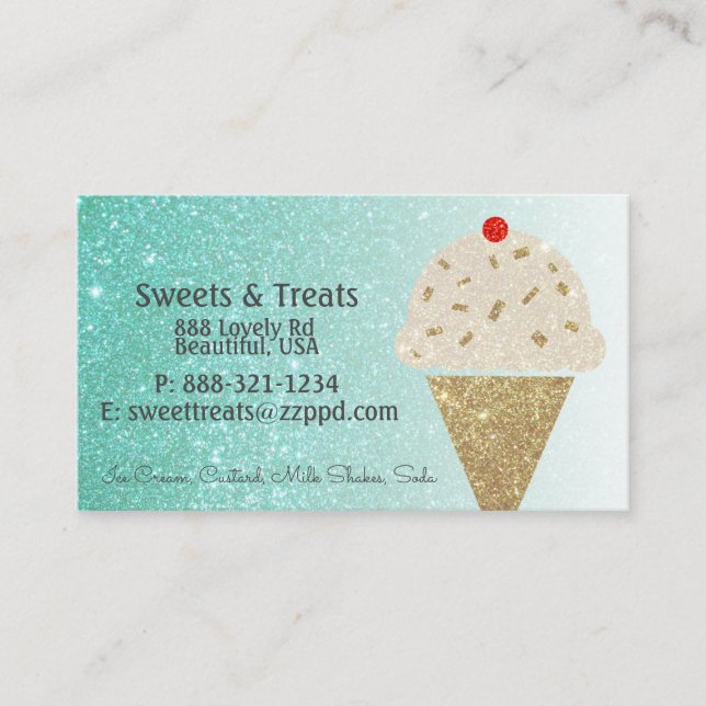Tarjeta De Visita Cono de helado en gradiente de brillo teal (Anverso)