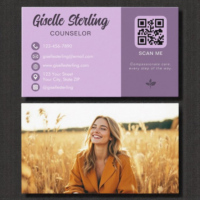 Tarjeta De Visita Consejero Lavender Purple QR Code Photo (Subido por el creador)