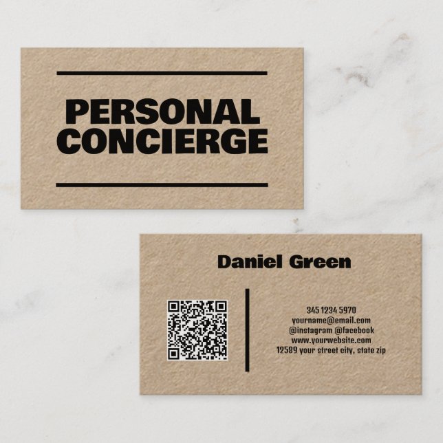 Tarjeta De Visita Conserje personal QR Kraft (Anverso / Reverso)