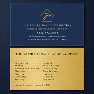 Tarjeta De Visita Construcción de Azul Marino Metálico Dorado de Luj