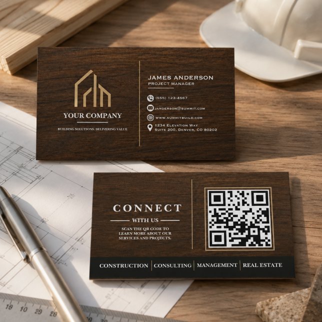 Tarjeta De Visita Construcción de código QR de grano de madera moder (Modern Wood Grain QR Code Construction Business Card
)