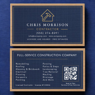 Tarjeta De Visita Construcción de Edificios Lino Azul Marino Dorado