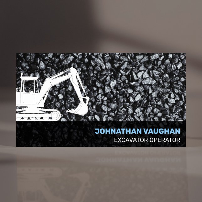 Tarjeta De Visita Construcción de excavación del operador de equipo  (Heavy Equipment Operator Business Card for Construction professional, modern black rocks & Excavator)