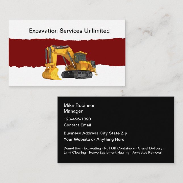 Tarjeta De Visita Construcción De Excavación Y Limpieza De Tierras (Anverso / Reverso)