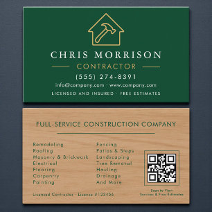 Tarjeta De Visita Construcción de madera Construcción Oro Verde Códi