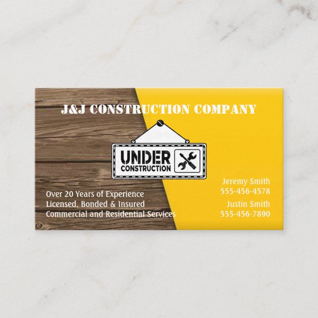 Tarjeta De Visita Construcción de madera y amarillo (Anverso)