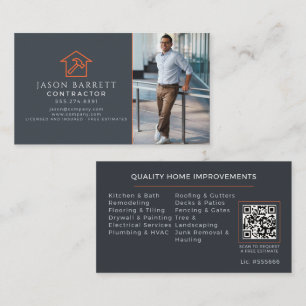 Tarjeta De Visita Construcción de techos naranja gris foto QR