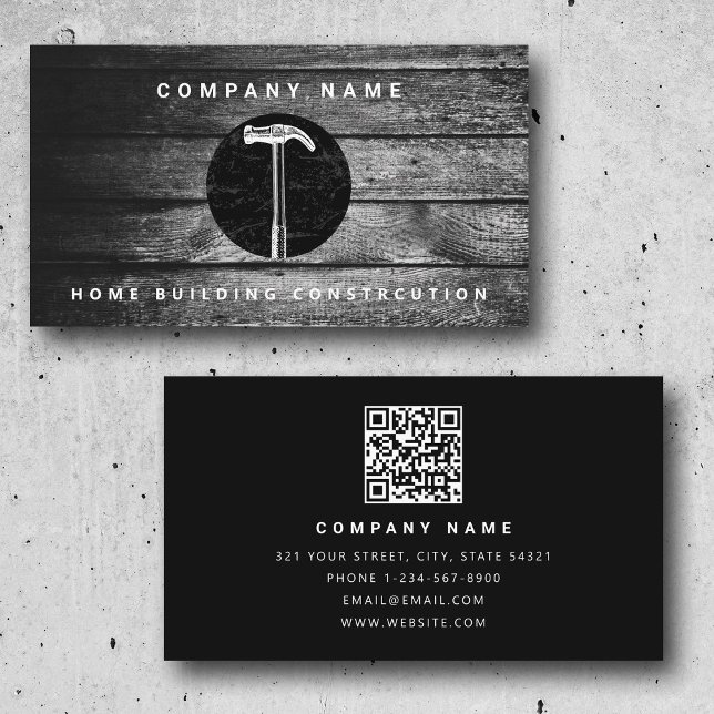 Tarjeta De Visita Construcción de viviendas de martillo de madera ne (Black Wood Hammer Home Building Construction Business Card)