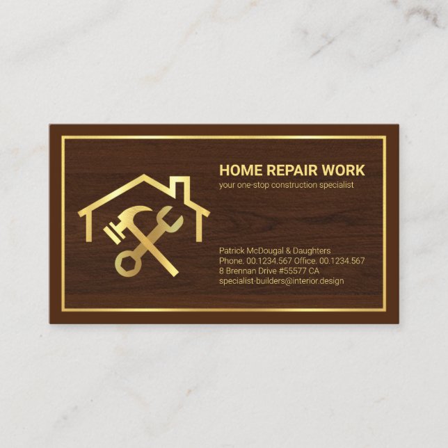 Tarjeta De Visita Construcción elegante de marco dorado de madera de (Anverso)