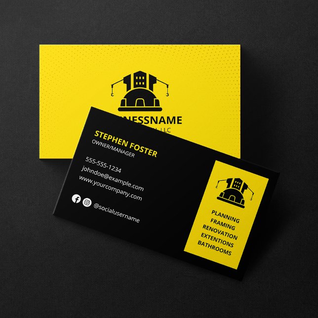Tarjeta De Visita Construcción moderna Handyman Builder amarillo neg (Subido por el creador)