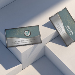 Tarjeta De Visita Construcción Monograma LOGO Plata Turquesa Metaliz