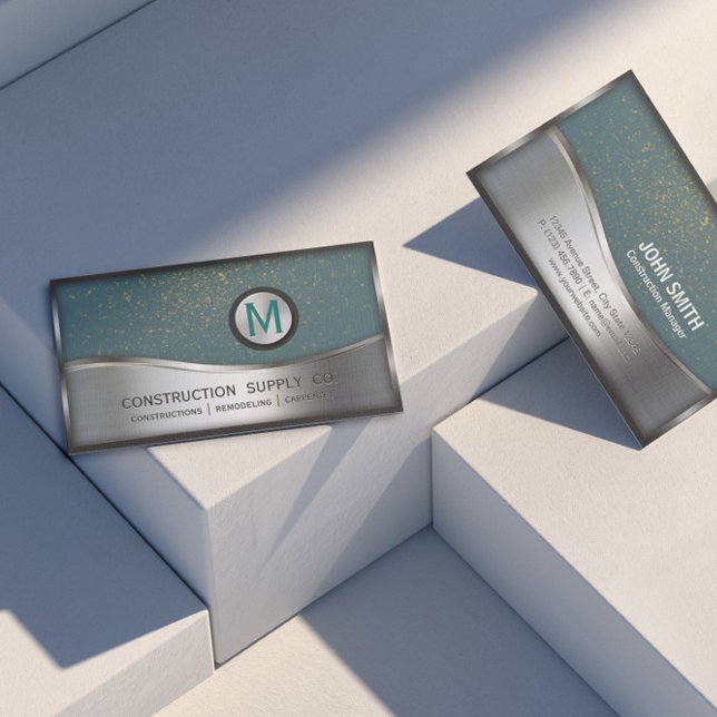 Tarjeta De Visita Construcción Monograma LOGO Plata Turquesa Metaliz (Subido por el creador)