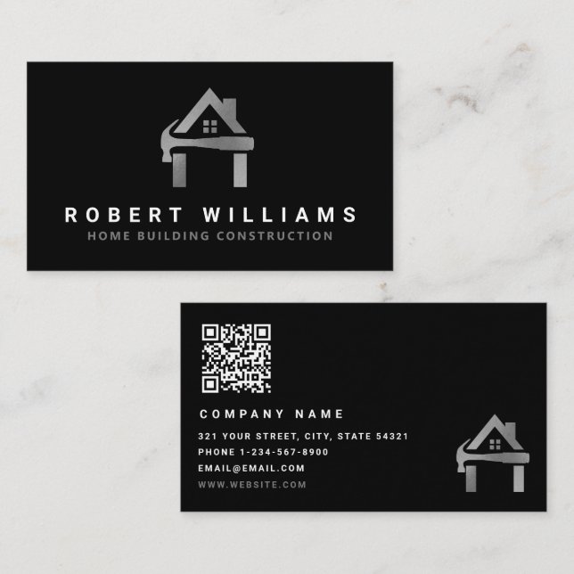 Tarjeta De Visita Construcción Personalizada Negra Plata Edificio de (Anverso / Reverso)