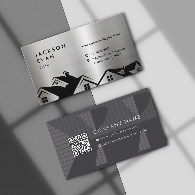 Tarjeta De Visita Construcción profesional de techos de plata brilla (Professional Shiny Silver Roofing Construction Business Card)