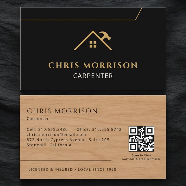 Tarjeta De Visita Construction Carpenter Carpentry Wood QR Code (Subido por el creador)