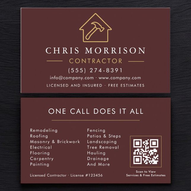 Tarjeta De Visita Construction Company Burgundy Gold QR Code (Subido por el creador)
