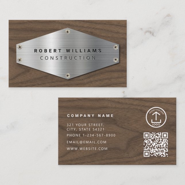 Tarjeta De Visita Construction Metal QR Code Metallic Silver Wood (Anverso / Reverso)