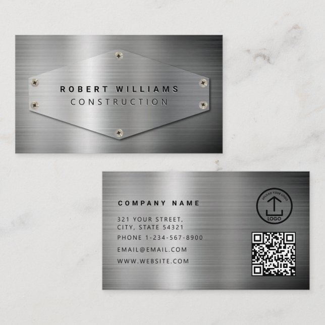 Tarjeta De Visita Construction QR Code Metallic Silver Metal (Anverso / Reverso)