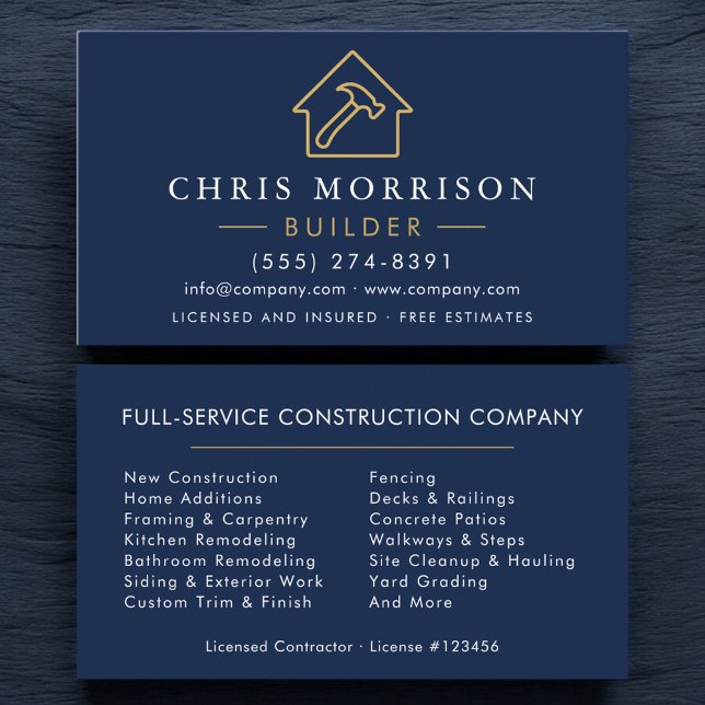 Tarjeta De Visita Constructor Azul Marino Dorado Construcción Modern (Subido por el creador)