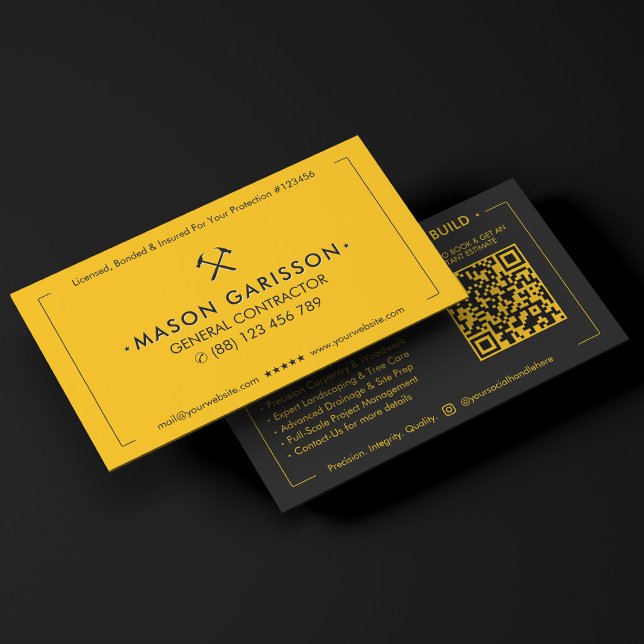 Tarjeta De Visita Constructor Profesional Amarillo Negro Contratista (Professional Construction Yellow Black Contractor)