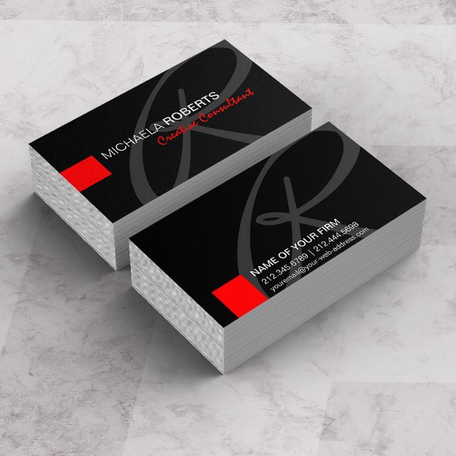 Tarjeta De Visita Consultor creativo negro y rojo monograma elegante (Subido por el creador)