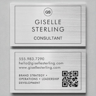 Tarjeta De Visita Consultor de código QR cepillado Monograma platead