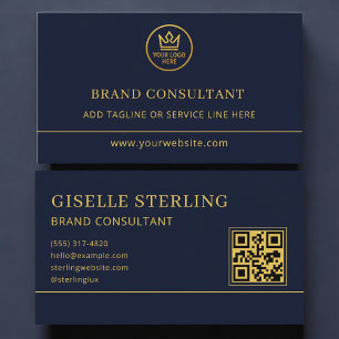 Tarjeta De Visita Consultor de Marca Logo Azul Dorado Código QR