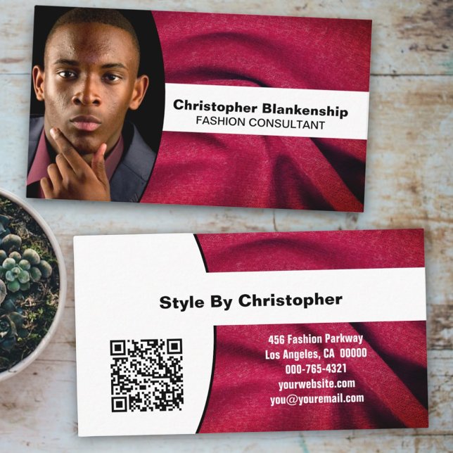 Tarjeta De Visita Consultor de moda Burgundy Fabric Foto Código QR (front and back custom photo business card)