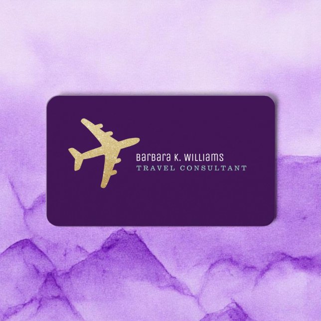 Tarjeta De Visita Consultor de viajes de avión de oro Purple (Subido por el creador)