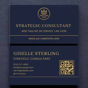 Tarjeta De Visita Consultor Estratégico Código QR Logo Blue Gold