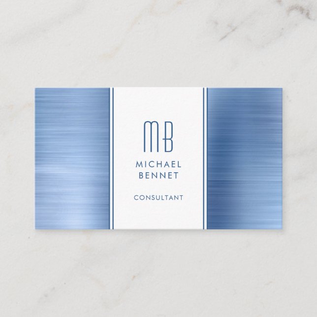 Tarjeta De Visita Consultor Monogramed Blue Metallic Relieve metaliz (Anverso)