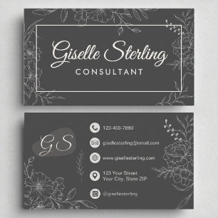 Tarjeta De Visita Consultor Moody Charcoal Gray Floral Script