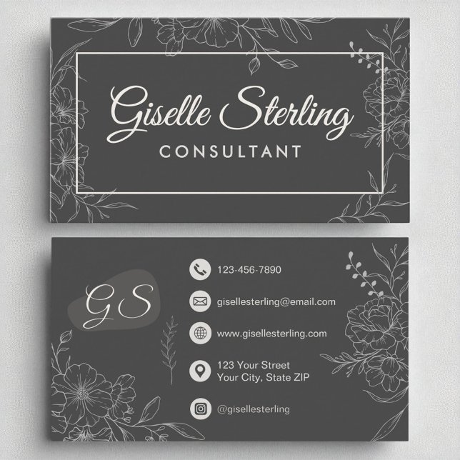 Tarjeta De Visita Consultor Moody Charcoal Gray Floral Script (Subido por el creador)