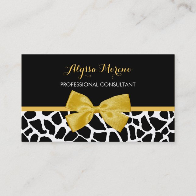 Tarjeta De Visita Consultor Trendy Giraffe Print Golden Yellow Bow (Anverso)