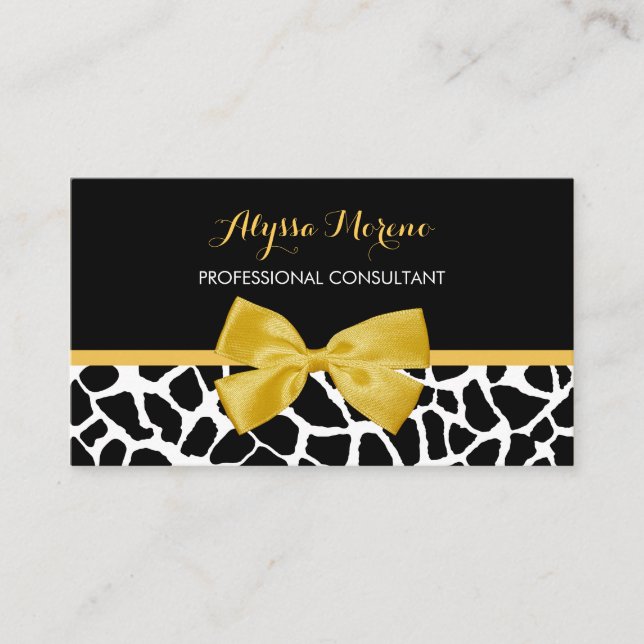 Tarjeta De Visita Consultor Trendy Giraffe Print Golden Yellow Bow (Anverso)