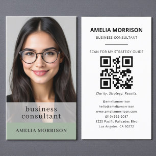 Tarjeta De Visita Consultor verde sabio moderno Foto de código QR