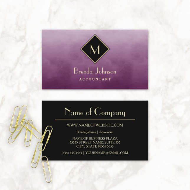 Tarjeta De Visita Contador Púrpura Simple Con Monograma Elegante (Simple Purple Accountant With Elegant Monogram Business CardS)