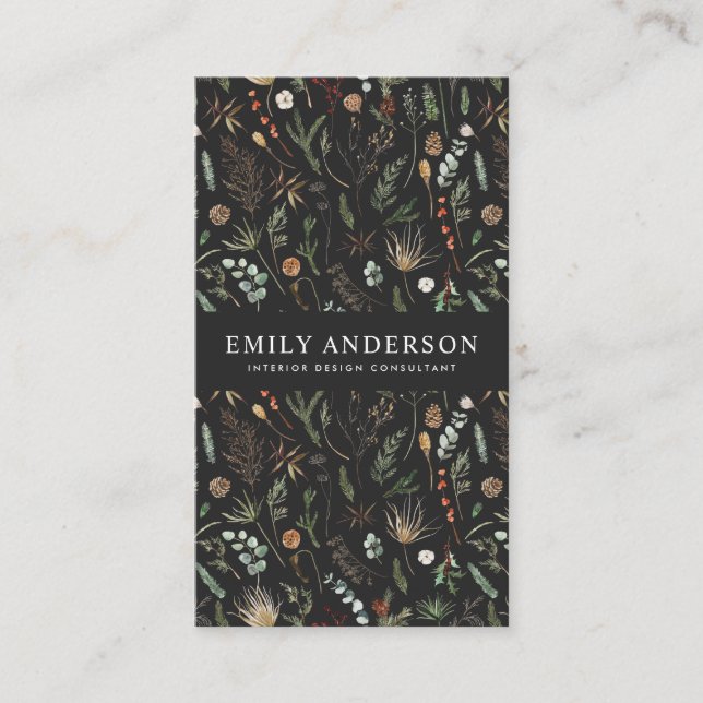 Tarjeta De Visita contemporáneo negro moderno botánico elegante (Anverso)