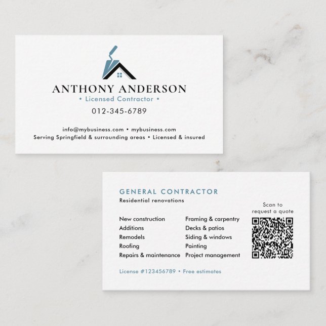 Tarjeta De Visita Contratista/Código QR Moderno de Construcción (Anverso / Reverso)