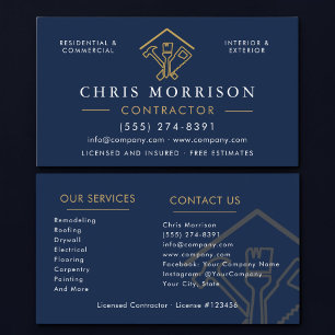 Tarjeta De Visita Contratista de Construcción Azul Marino Dorado