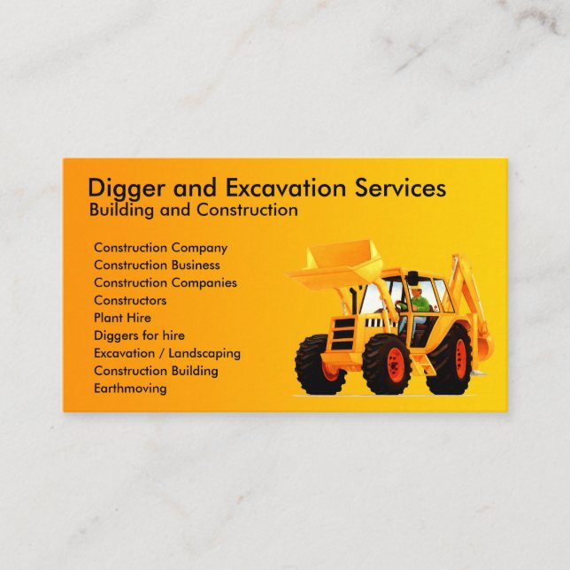Tarjeta De Visita Contratista de construcción picador amarillo (Anverso)