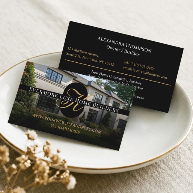 Tarjeta De Visita Contratista de Constructores de Hogares con Monogr (Luxe Black Gold Monogram Home Builders Contractor Business Card)